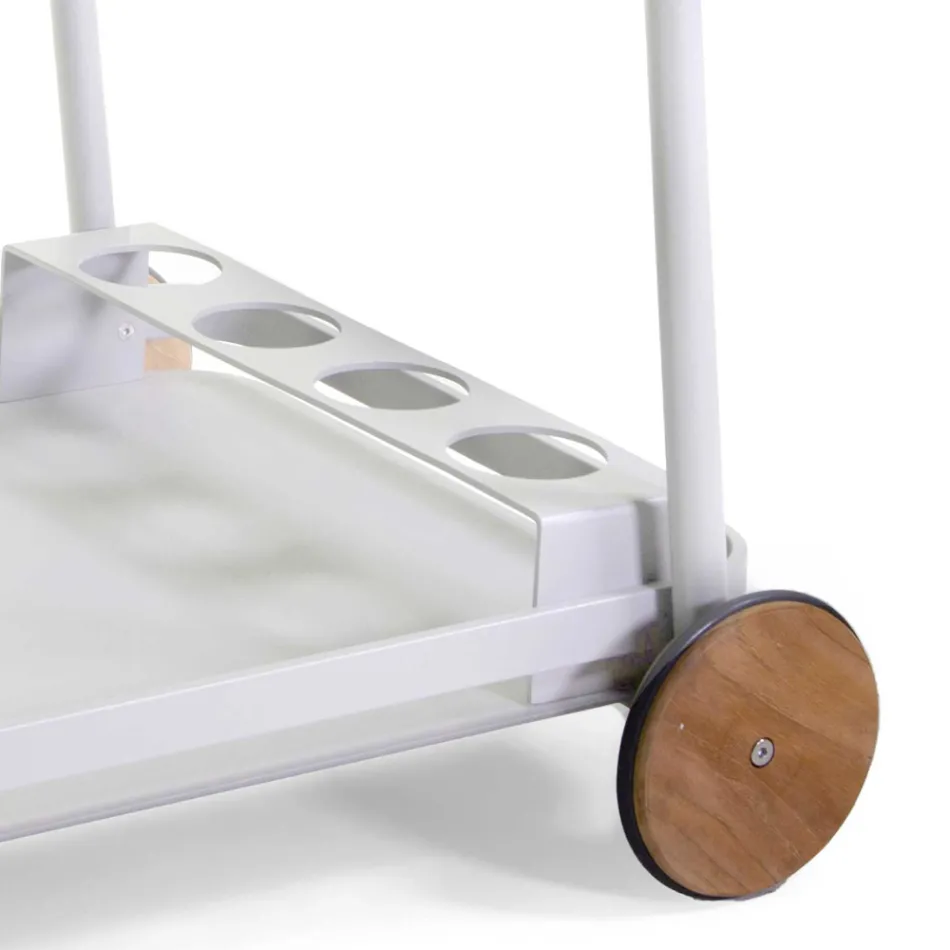 Aluminium trolley in verschillende afwerkingen met wielen en details in teak - Tent Viadurini
