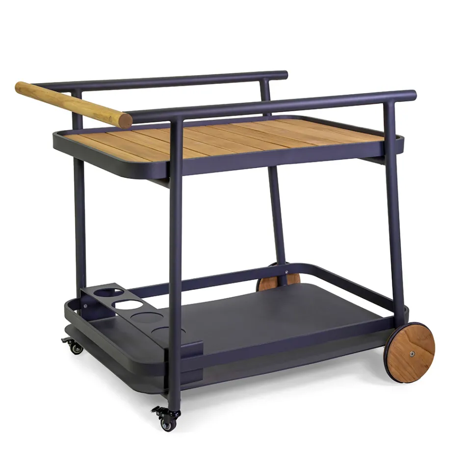 Aluminium trolley in verschillende afwerkingen met wielen en details in teak - Tent Viadurini