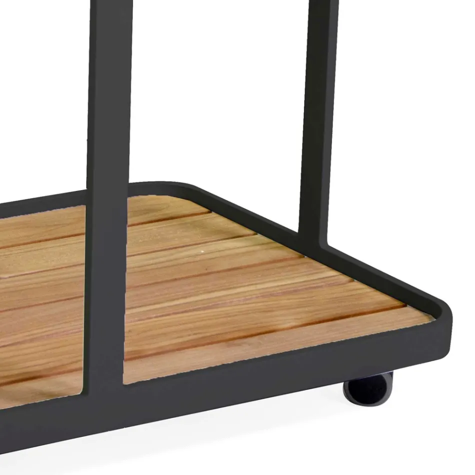 Aluminium trolley in verschillende afwerkingen met wielen en teakhouten bovenkant - Tent Viadurini