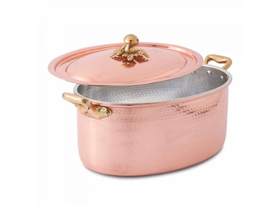 Ovale handvertinde koperen braadpan voor oven en deksel 37x26 cm - Mariag Viadurini