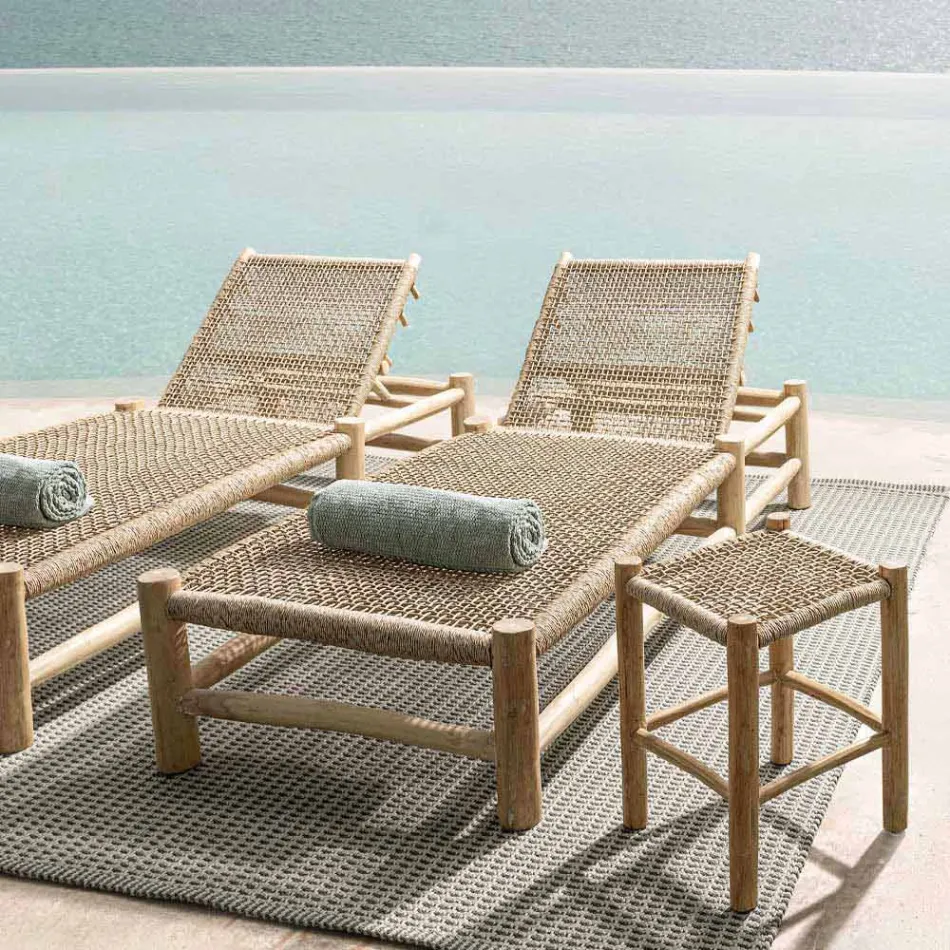 Chaise longue voor buiten in teakhouten takken en weven van synthetische vezels - Tecno Viadurini