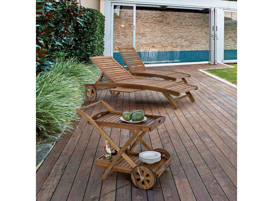 Houten tuinchaise longue met designwielen voor buiten - Roxen Viadurini