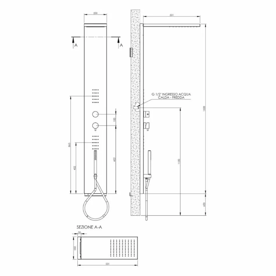 Stalen douchekolom met regendouchekop Made in Italy - Sailor Viadurini