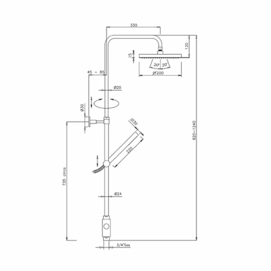 Douchekolom in messing met douchekop en handdouche in Abs Made in Italy - Lesio Viadurini