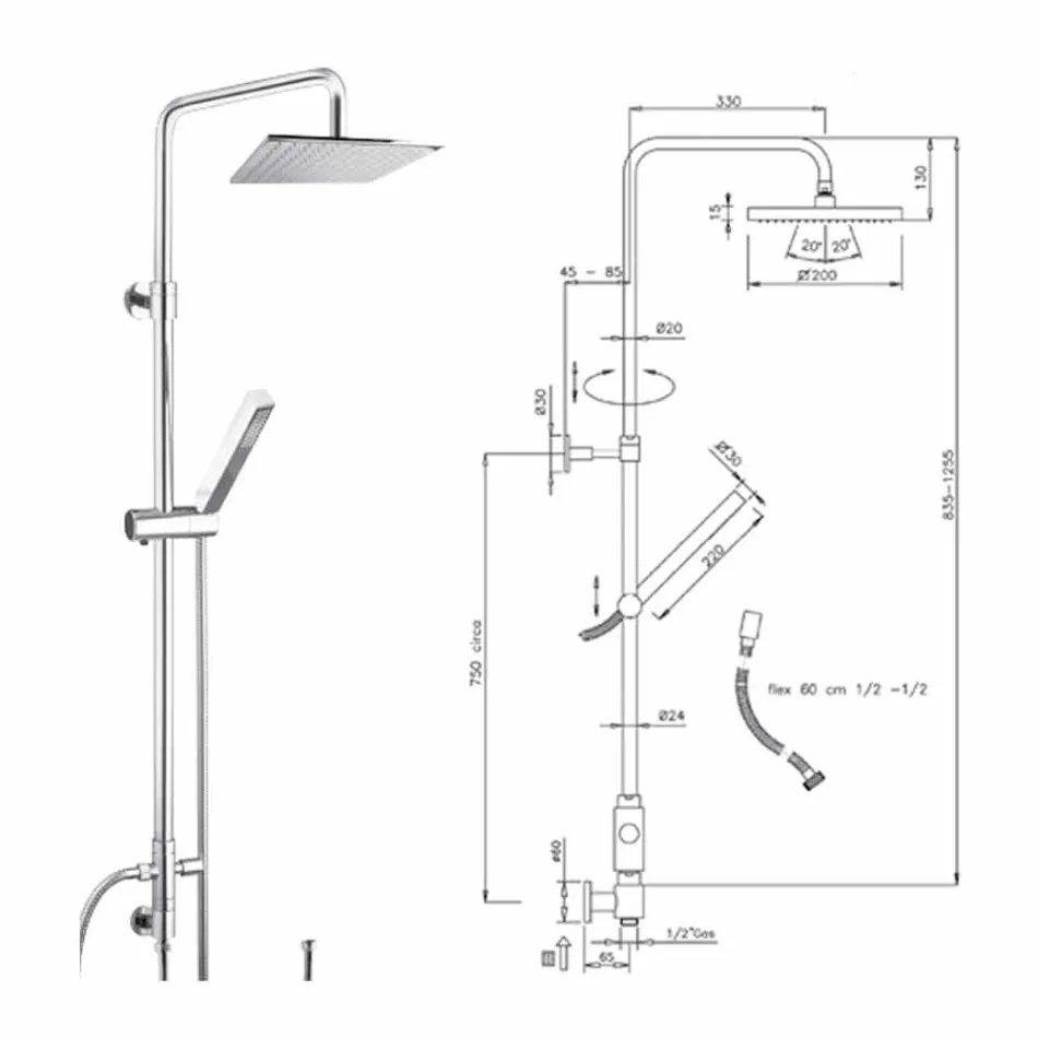 Douchekolom in messing met douchekop en handdouche in Abs Made in Italy - Lesio Viadurini