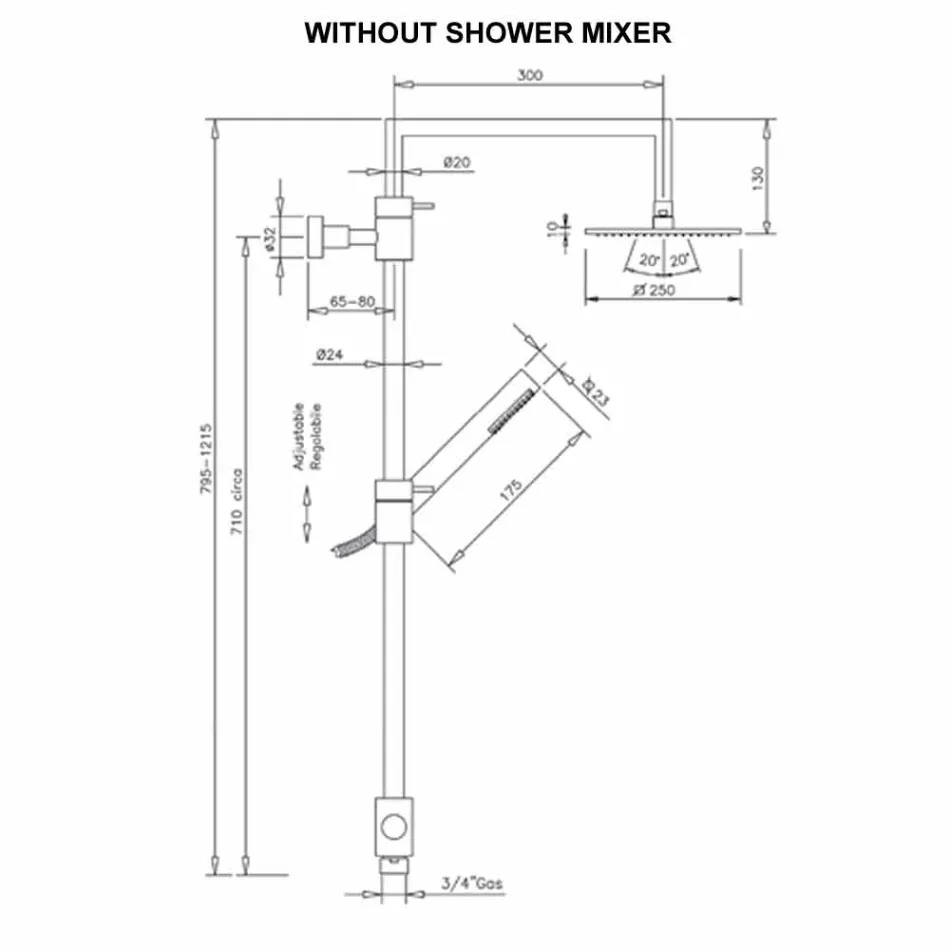 Messing douchekolom met vierkante stalen douchekop Made in Italy - Lipari Viadurini
