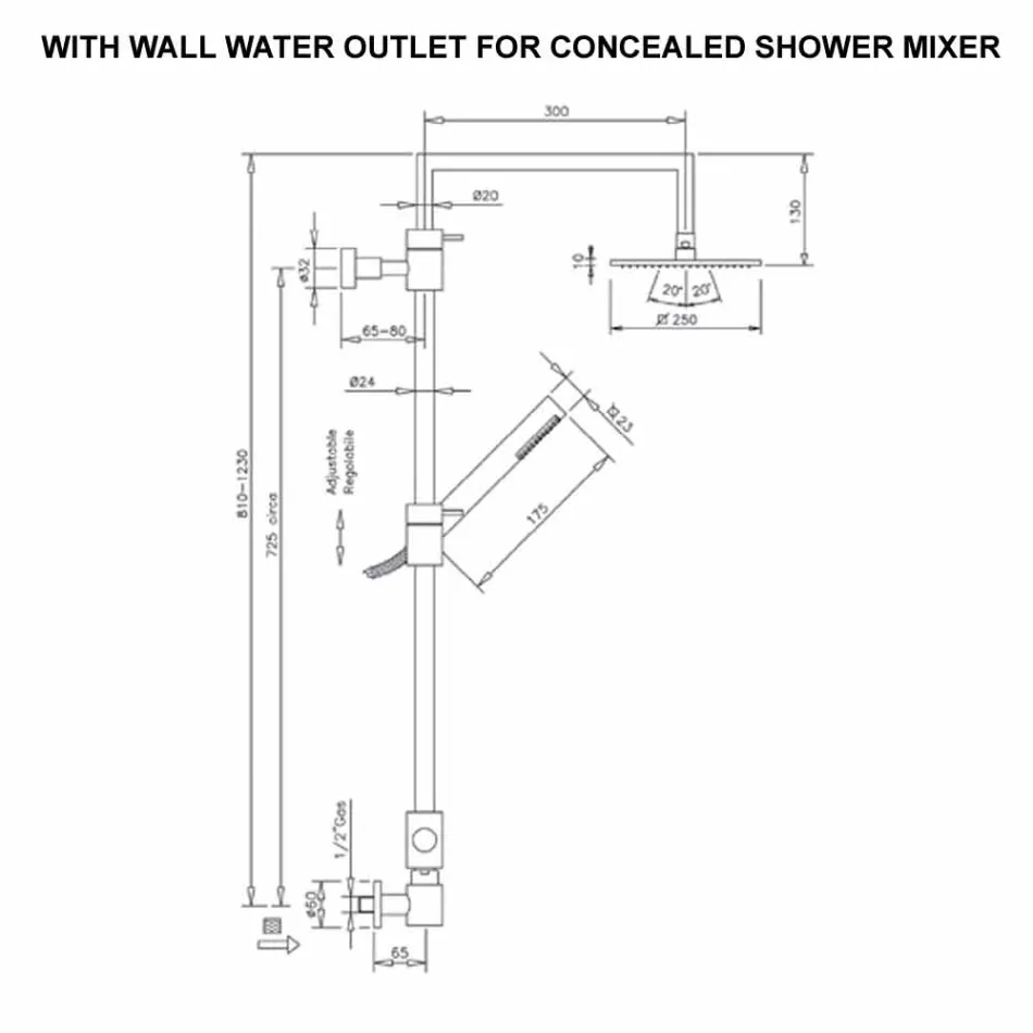 Messing douchekolom met vierkante stalen douchekop Made in Italy - Lipari Viadurini