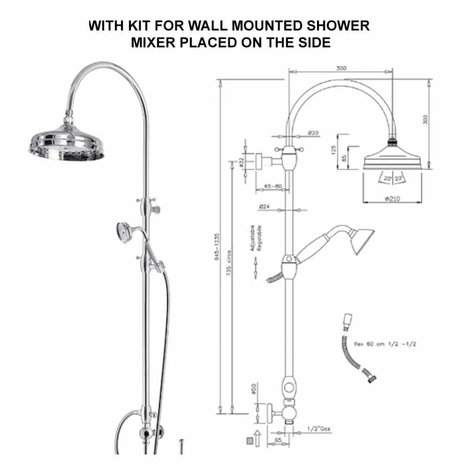 Messing douchekolom met ronde douchekop en handdouche Made in Italy - Brillo Viadurini