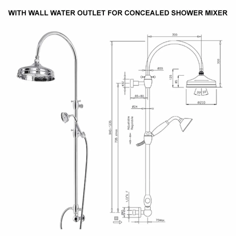 Messing douchekolom met ronde douchekop en handdouche Made in Italy - Brillo Viadurini