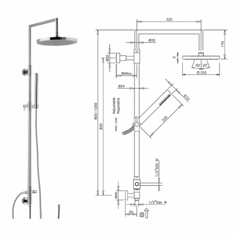 Douchekolom in verchroomd messing met abs handdouche gemaakt in Italië - Selvio Viadurini