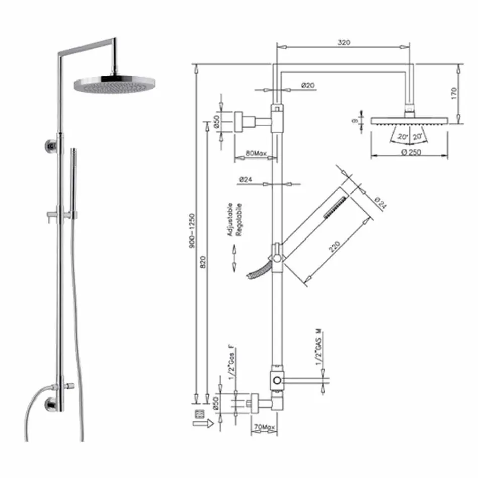 Douchekolom in verchroomd messing met abs handdouche gemaakt in Italië - Selvio Viadurini