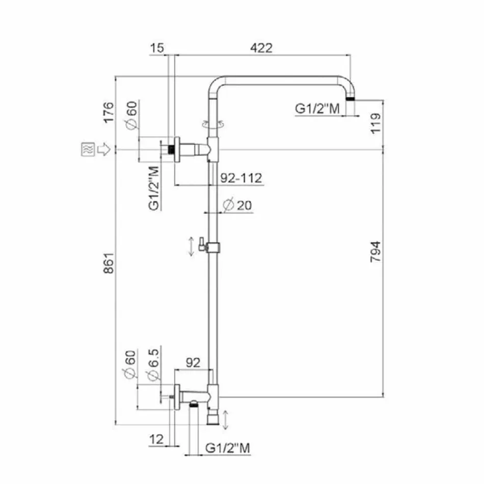 Douchekolom in verchroomd messing met stalen douchekop Made in Italy - Daino Viadurini
