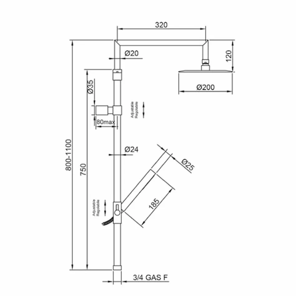 Douchekolom in verchroomd messing met ultradunne douchekop Made in Italy - Primo Viadurini
