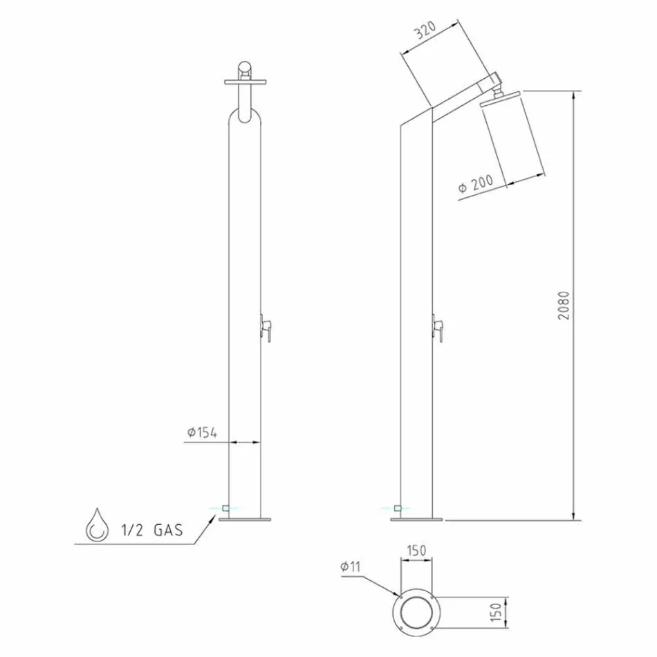 Solar Garden Shower Column in zwart roestvrij staal Made in Italy - Werner Viadurini