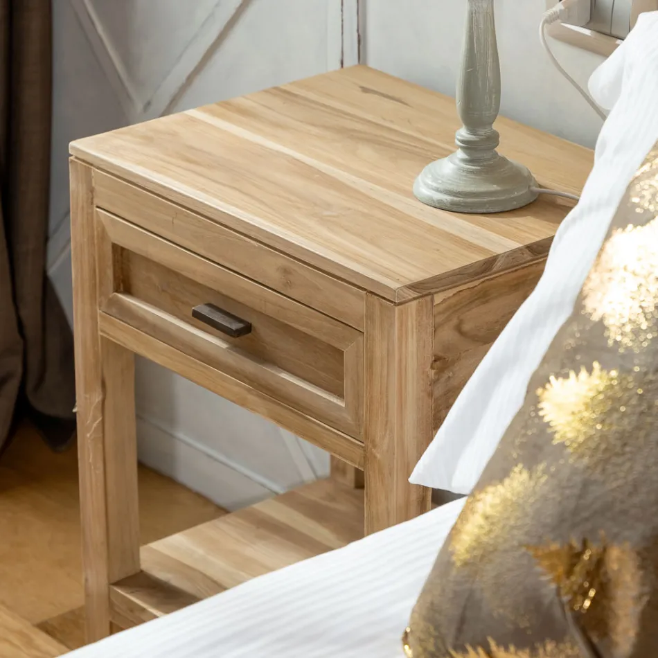 Massief teakhouten nachtkastje met 1 lade - Penca Viadurini