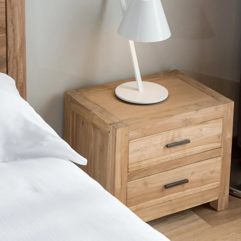 Massief teakhouten nachtkastje met 2 lades - Vovinam Viadurini