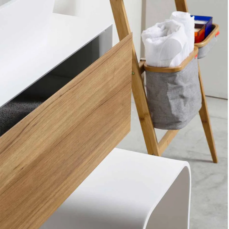 Compositie 3 Badkamermeubels in Teakhout en Hi Macs® - Talk Viadurini