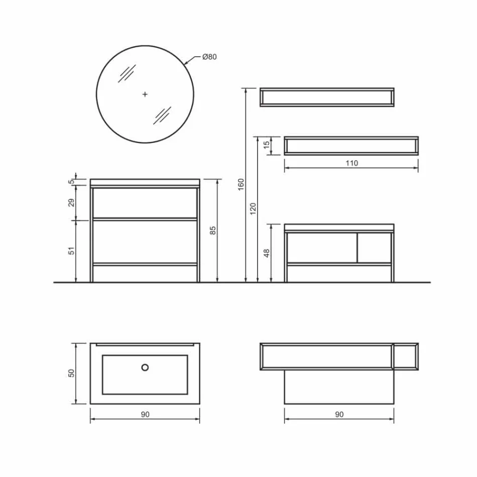 Samenstelling 5 vrijstaande badkamermeubels in metaal, ecolegno en luxe aardewerk - Cizco Viadurini