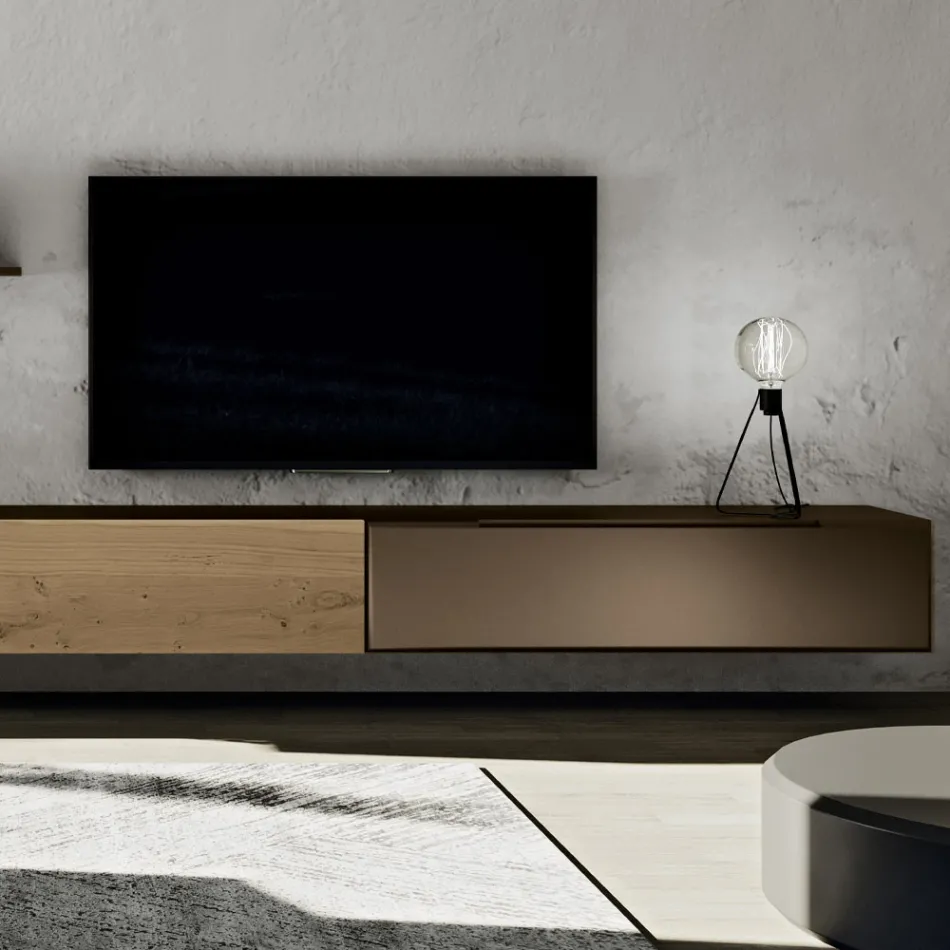 Moderne wandcompositie in Scandinavisch geknoopt eiken en ijzeren afwerking - Iselin Viadurini