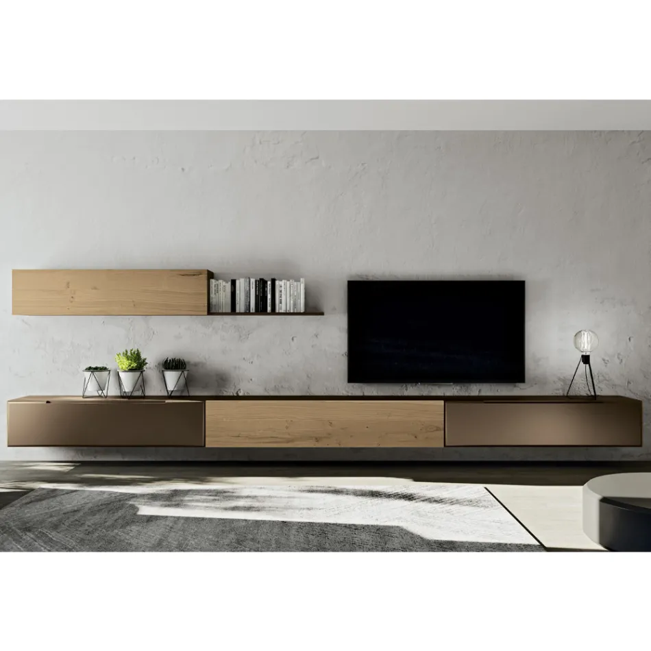 Moderne wandcompositie in Scandinavisch geknoopt eiken en ijzeren afwerking - Iselin Viadurini