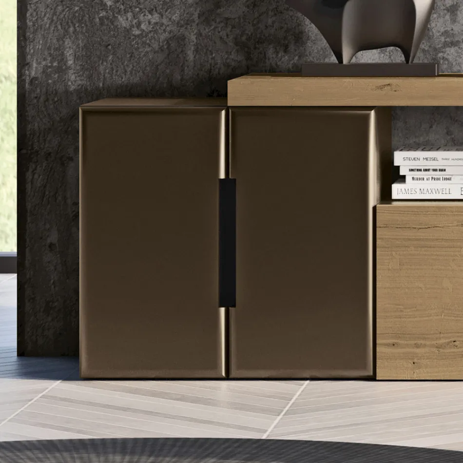 Moderne wandcompositie in Scandinavisch geknoopt eiken en ijzeren afwerking - Siri Viadurini