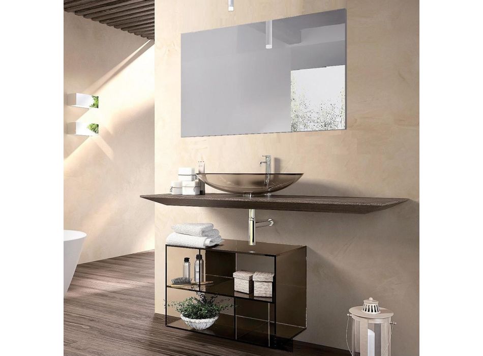 Design badkamermeubelsamenstelling in hout, gebronsd kristal en spiegel - Tonal Viadurini