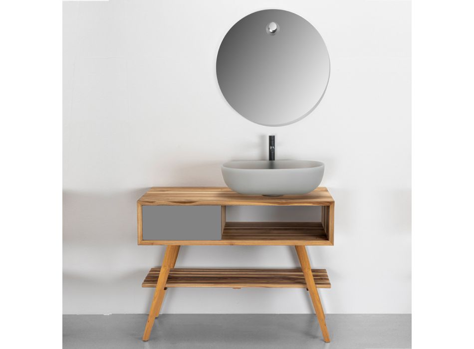 Grijze badkamermeubelcompositie met spiegel en bodemkast - Sylviane Viadurini