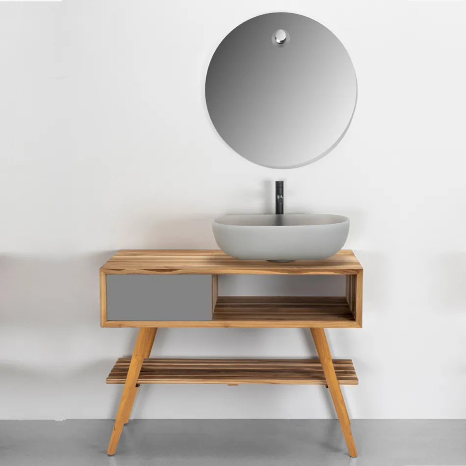 Grijze badkamermeubelcompositie met spiegel en bodemkast - Sylviane Viadurini