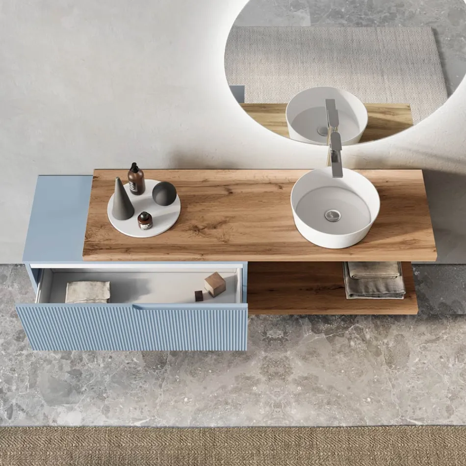 Tiffany blauwe en eiken badkamersamenstelling met spiegel Made in Italy - Ermes Viadurini