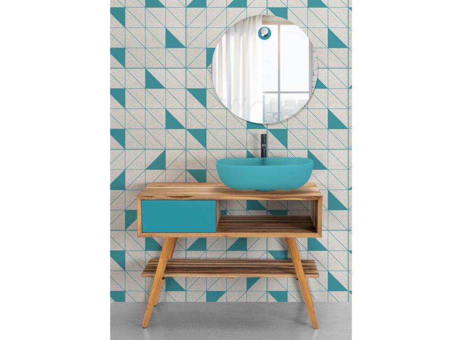 Blauwe badkamercompositie met teakhouten vloerkast en accessoires - Sylviane Viadurini