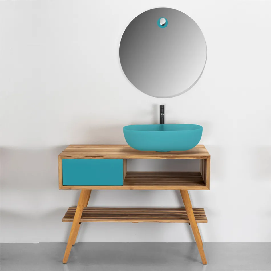 Blauwe badkamercompositie met teakhouten vloerkast en accessoires - Sylviane Viadurini