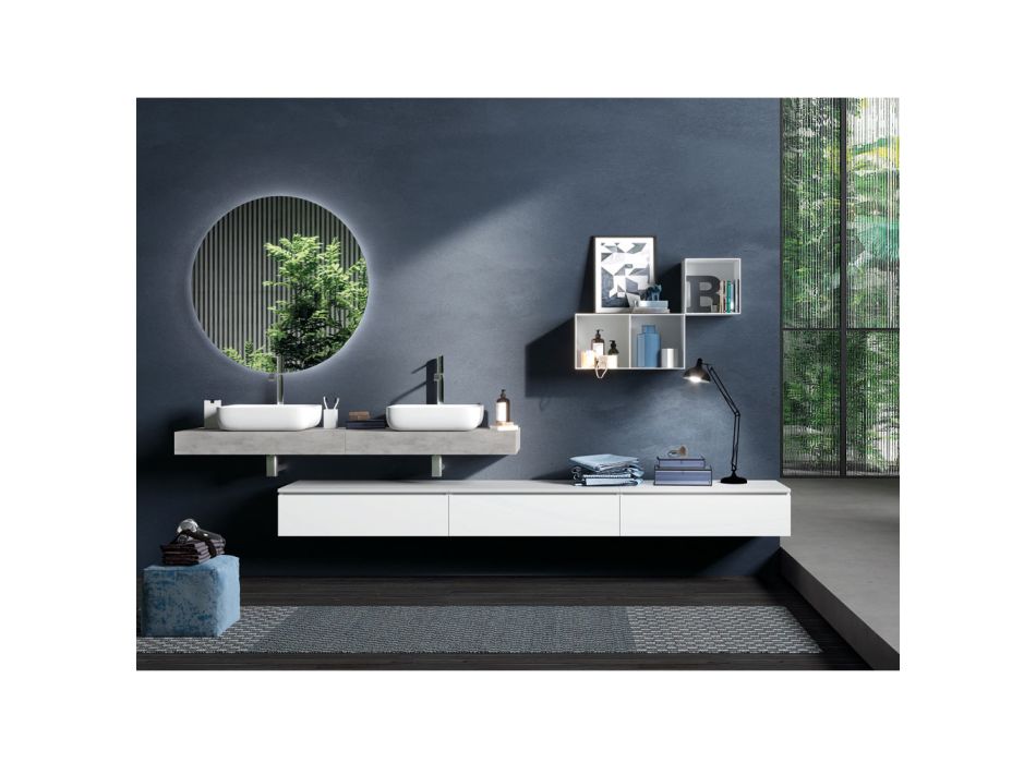 Betonnen kleur en matwitte badkamersamenstelling met wastafel, spiegel en voet - Palom Viadurini