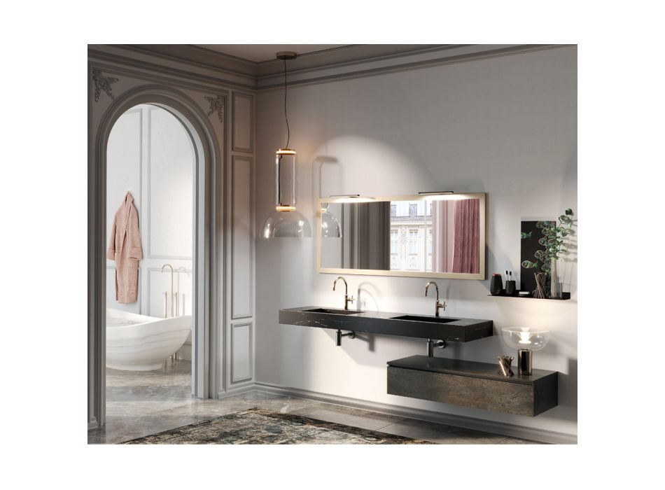 Badkamercompositie compleet met spiegel en dubbele wastafel Made in Italy - Palom Viadurini