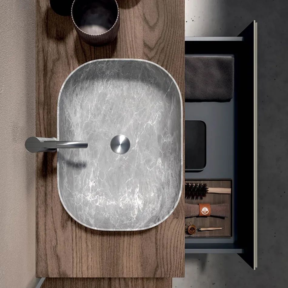 Badkamermeubel met 1 lade, 2 eikenhouten planken, wastafel en spiegel - Titan Viadurini