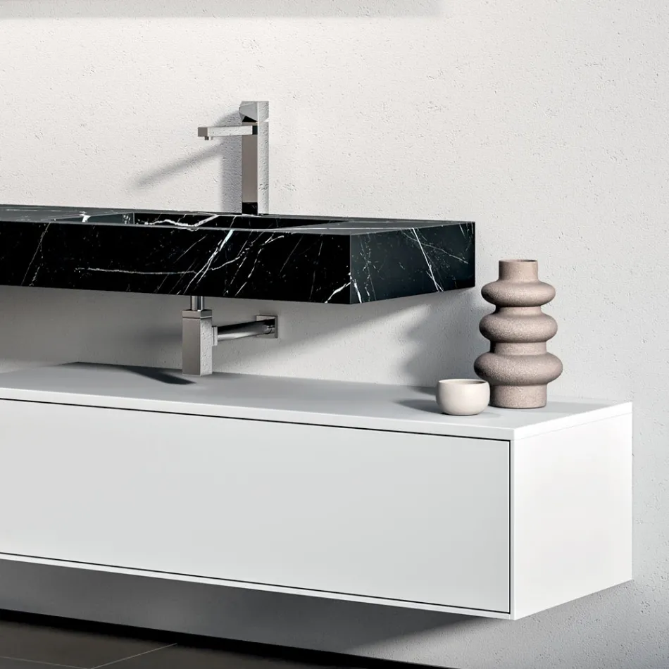 Badkamercompositie met 1 witte lade, spiegel en Marquina HPL-plank - Velaria Viadurini