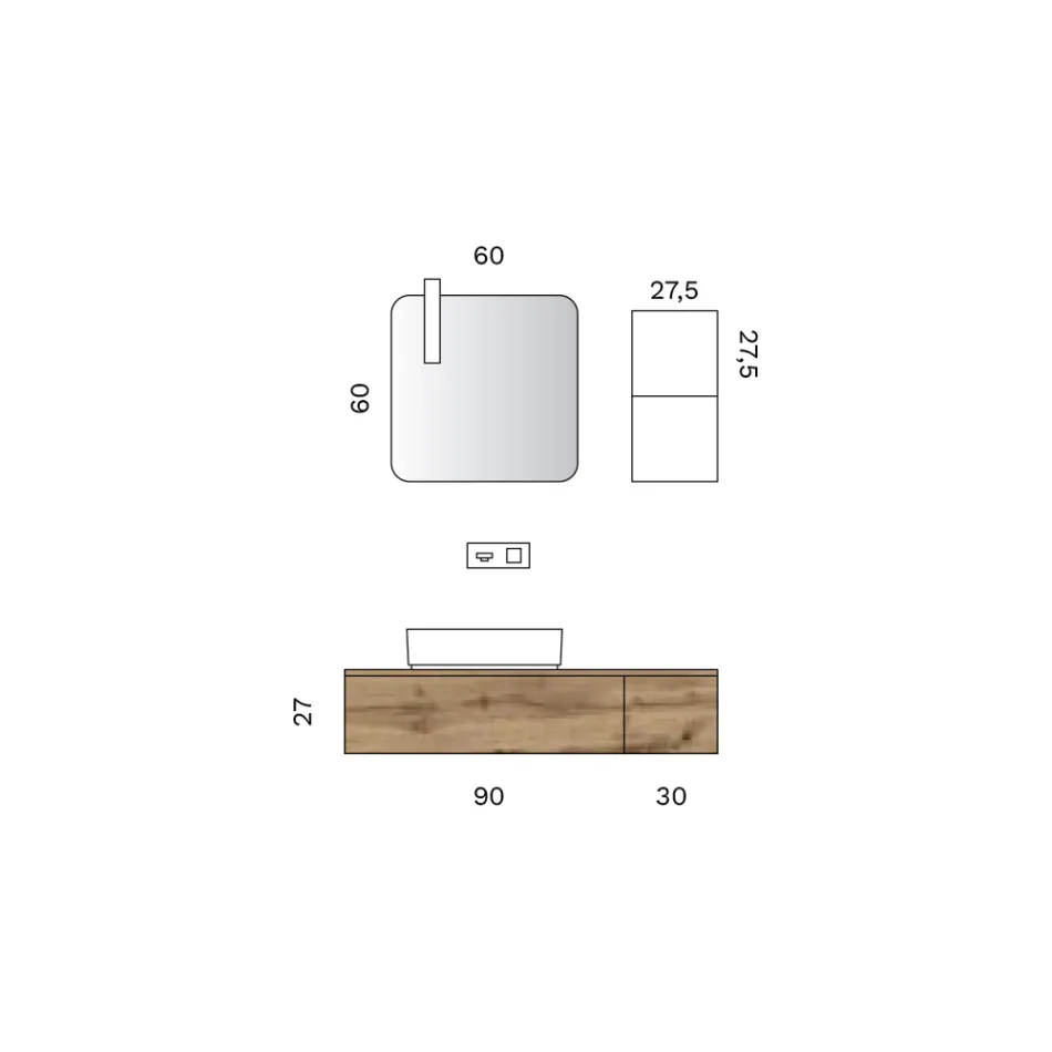 Badkamercompositie met 2 eikenhouten lades, keramische wastafel en spiegel - Titan Viadurini