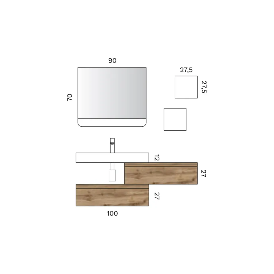 Badkameropstelling met 2 lades, witte wastafel, spiegel en wandkastje - Elios Viadurini