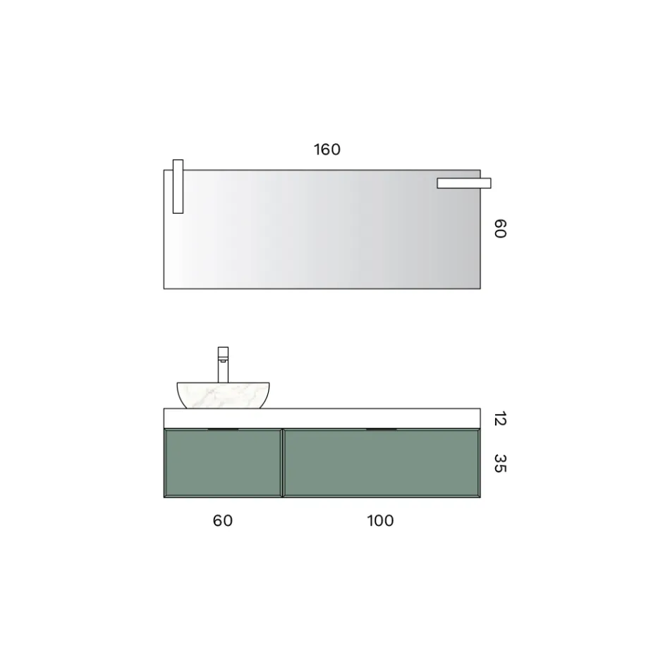 Badkamermeubelset met 2 lades, Calacatta keramische wastafel en spiegel - Orione Viadurini
