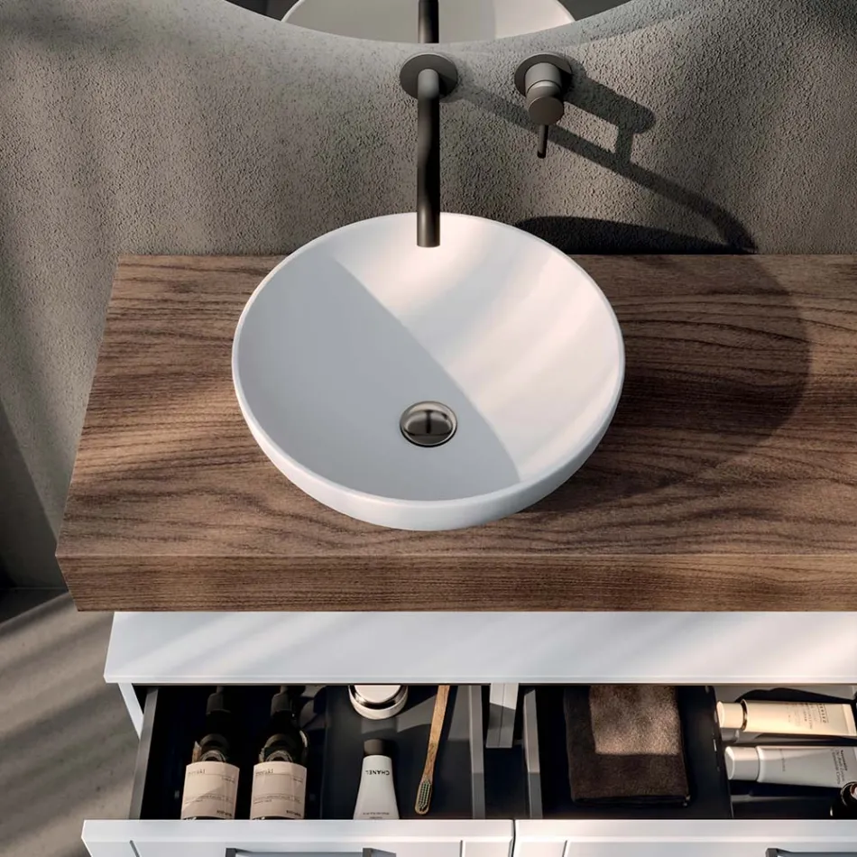 Badkamermeubelset met 2 lades, spiegel en witte kunststof wastafel - Magnolia Viadurini