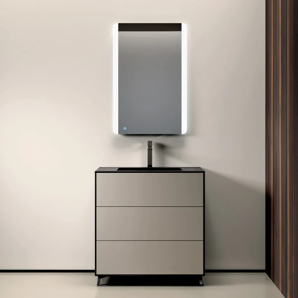 Badkamerset met 3 mat duifgrijze lades, spiegel en wastafel - Velaria Viadurini