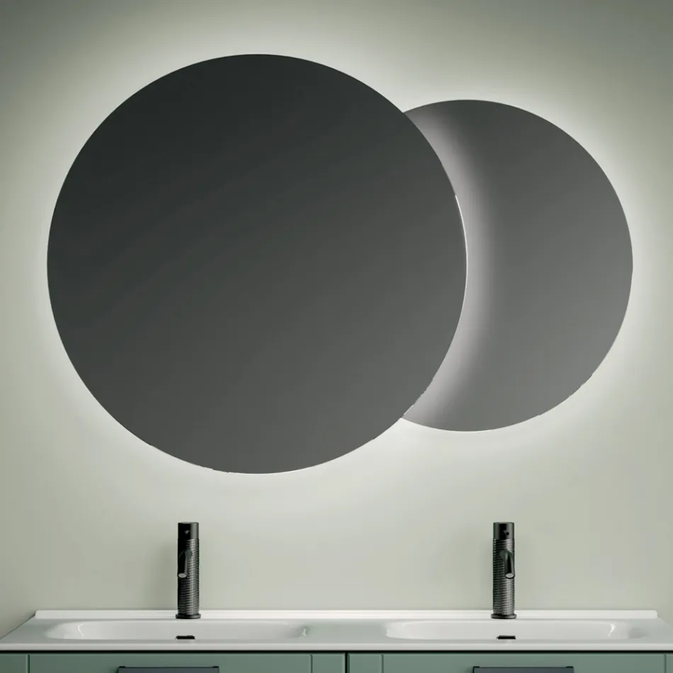 Badkameropstelling met 4 saliegroene lades, spiegel en wastafels - Magnolia Viadurini