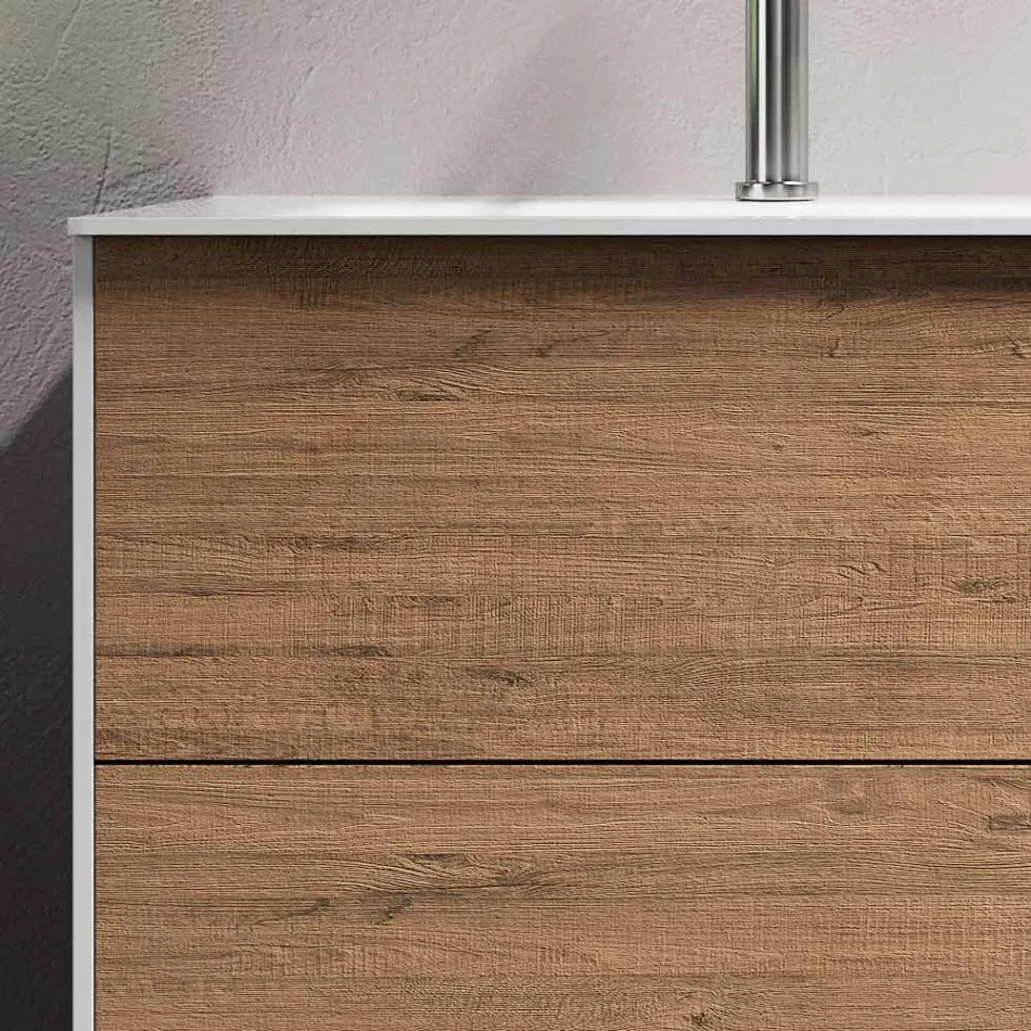 Badkamersamenstelling met Honing Eiken Onderstel, Wastafel en Spiegel Gemaakt in Italië - Kilo's Viadurini