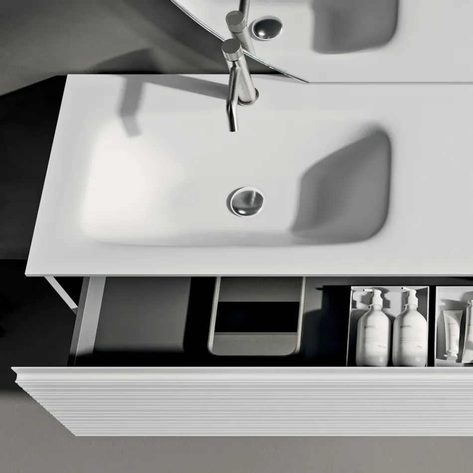 Badkameropstelling met lades, keramische wastafel en LED-spiegel - Elios Viadurini