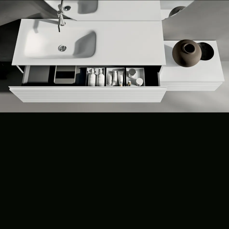 Badkameropstelling met lades, keramische wastafel en LED-spiegel - Elios Viadurini