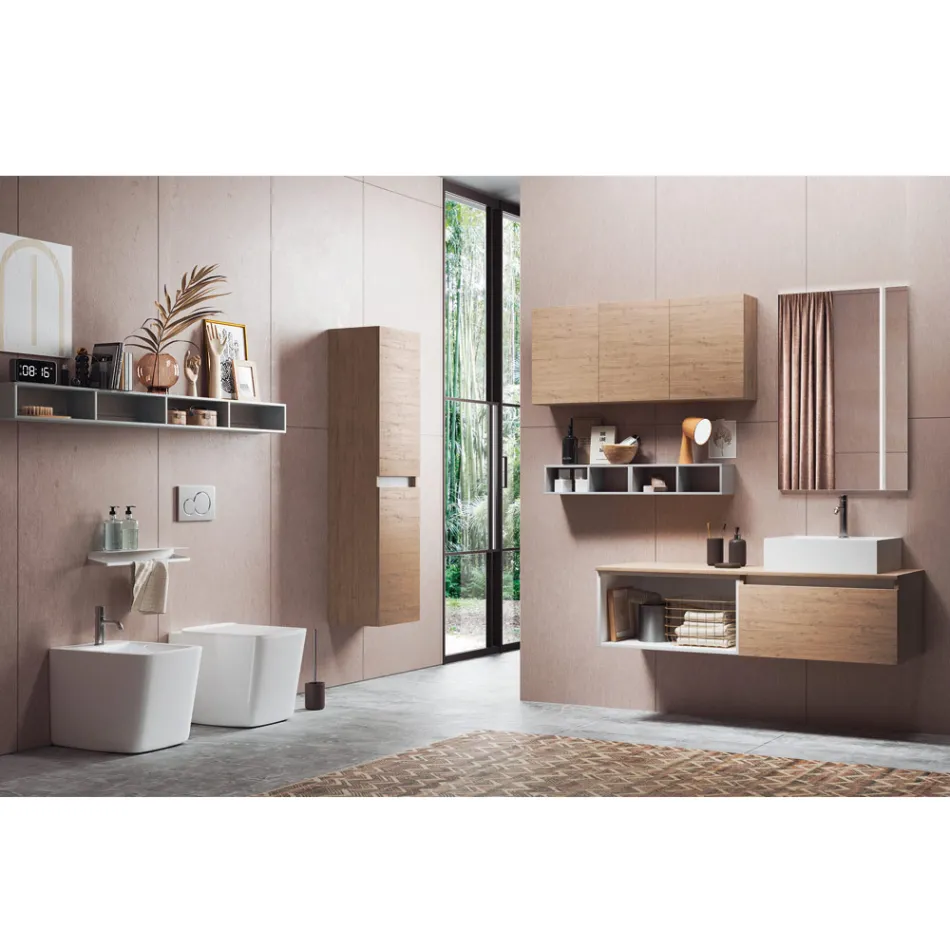 Badkamercompositie met spiegel met geïntegreerde lamp, wastafel en voet - Dream Viadurini