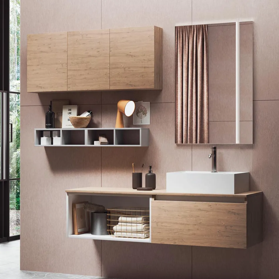 Badkamercompositie met spiegel met geïntegreerde lamp, wastafel en voet - Dream Viadurini