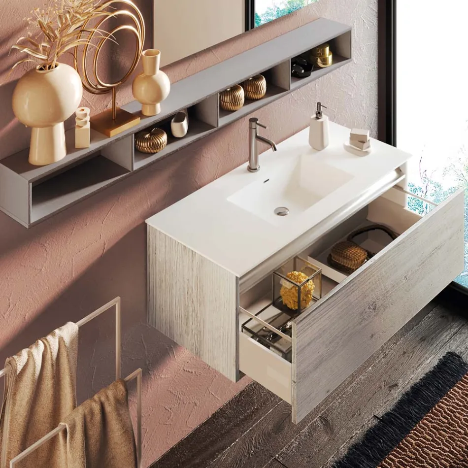 Badkamercompositie met spiegel en lamp, antikrasvoet Made in Italy - Dream Viadurini