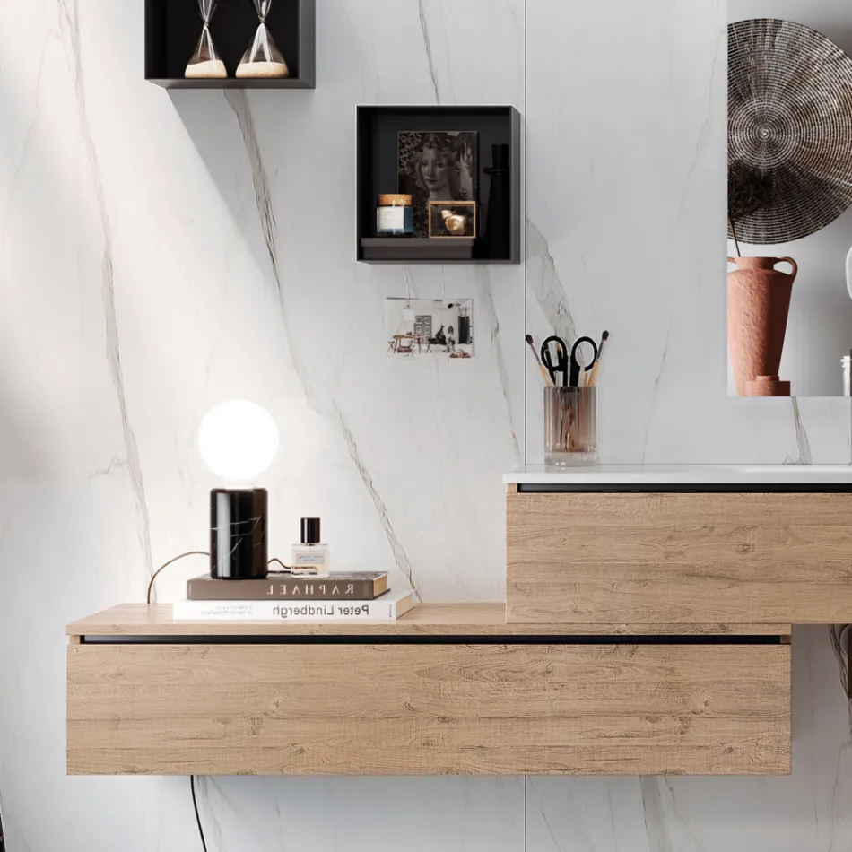 Badkamersamenstelling met spiegel, harswastafel en onderstel Made in Italy - Palom Viadurini