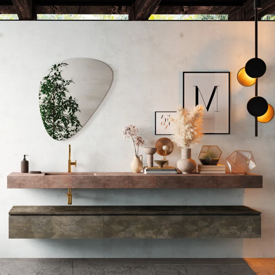 Badkamersamenstelling met moderne spiegel en consolewastafel Made in Italy - Palom Viadurini