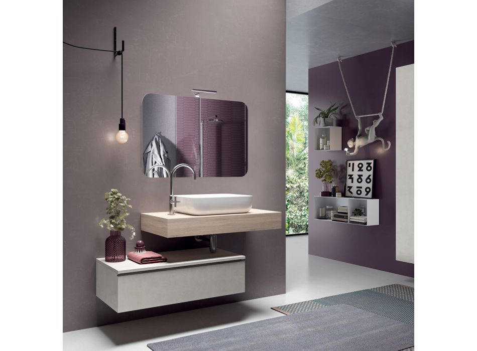 Badkamersamenstelling met gevormde spiegel en wastafel Made in Italy - Palom Viadurini